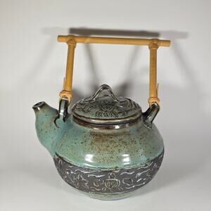 Studio Pottery Ceramic Teapot Bamboo Handle Green Glaze